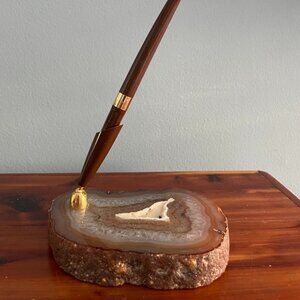 Vintage Agate Marble Stone Pen Holder Fountain Desk Set Brown